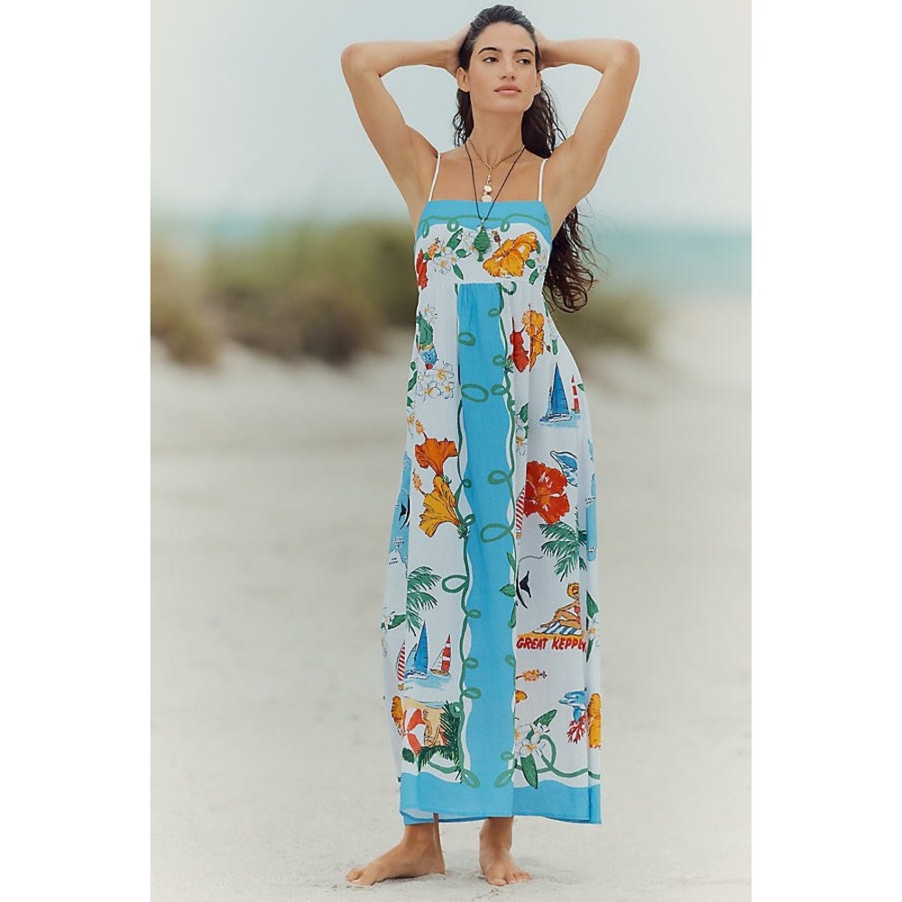 Seafolly‎ Viva Vacation Maxi Dress Powder Blue Tropical Linen Blend US 8 med NEW